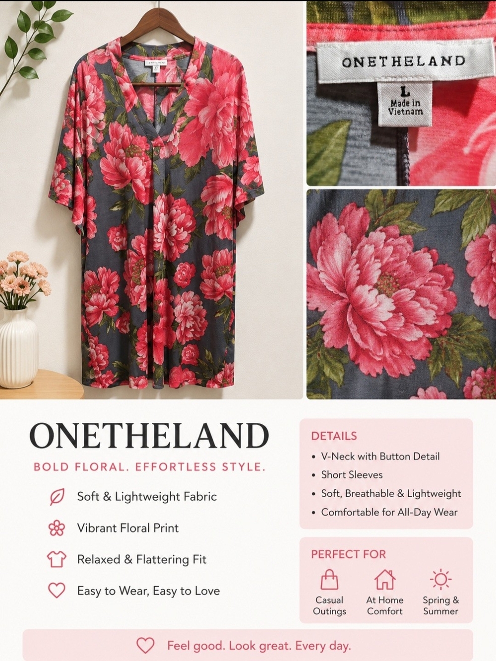 ONETHELAND Floral V-Neck Button Top — Gray with Pink Peonies